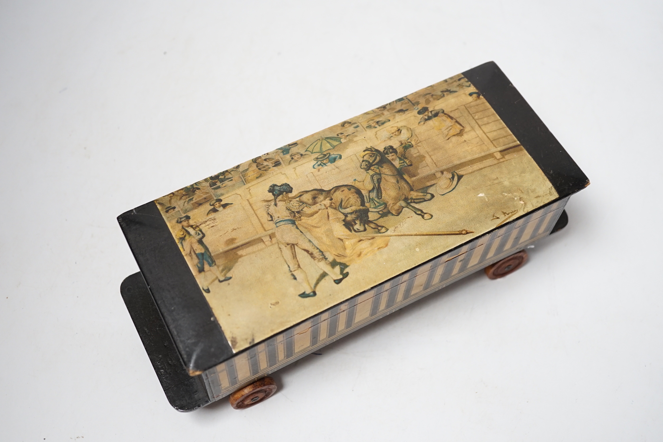 A Clark & Co ‘coach’ box for sewing cottons, in the shape of a first class Pullman railway coach, 26cm